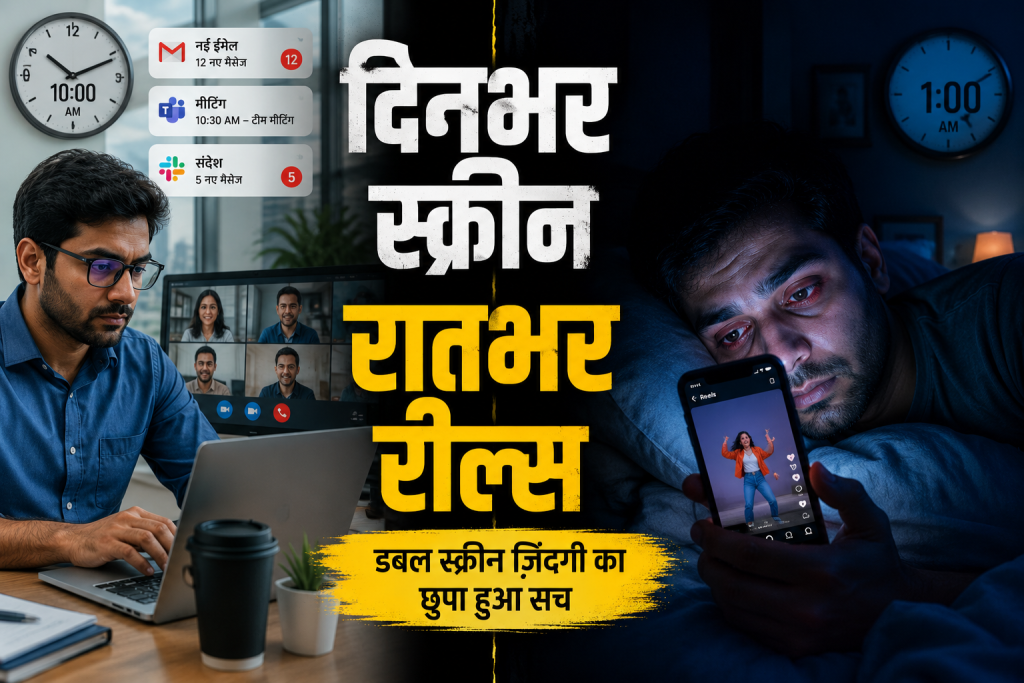 दिन में लैपटॉप, रात को रील्स शहरी भारत की “डबल स्क्रीन” ज़िंदगी और आँखों का बढ़ता बोझ