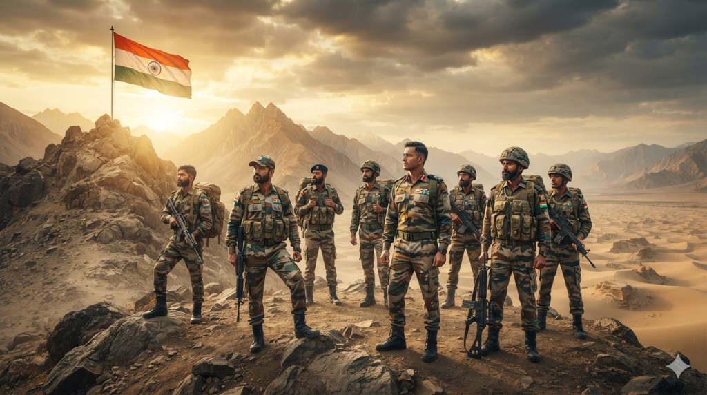 Indian Army soldiers representing India's military history and patriotic war films