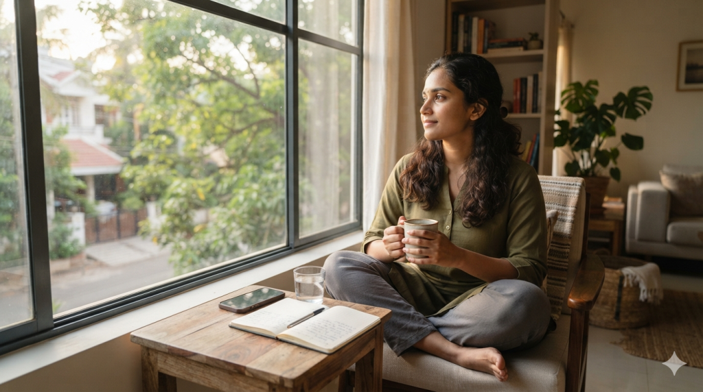 A person enjoying a peaceful morning away from their phone