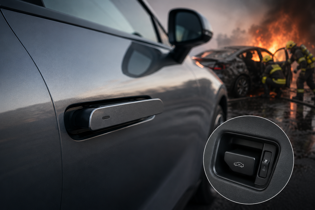Close-up of a flush-fitted electric car door handle popping out from the body panel