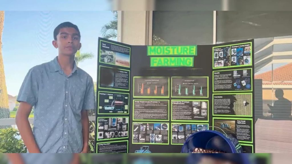 13-year-old scientist Aniket Sarkar showcasing his atmospheric water harvesting device designed to collect water from air for farmers.