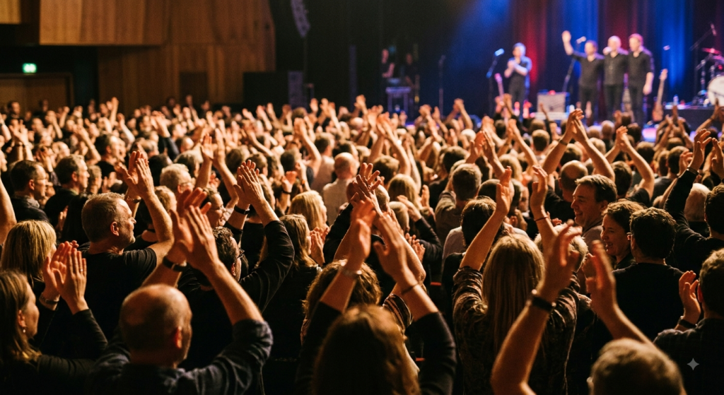 Audience clapping and applauding after a live performance on stage