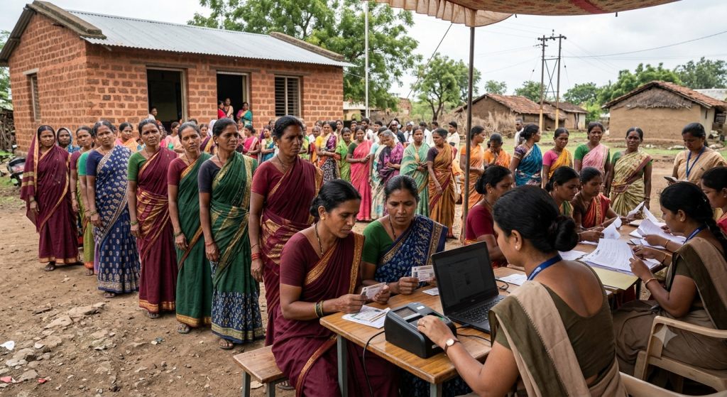 Indian women beneficiaries checking details on smartphones during a digital verification process for a government welfare scheme.