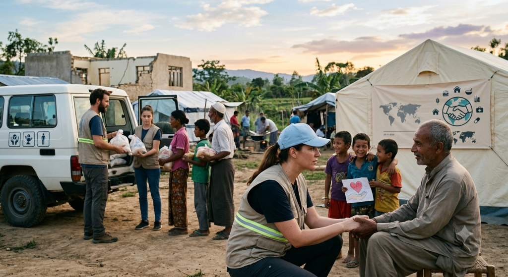 Humanitarian workers helping people during a crisis, representing World Humanitarian Day 2026