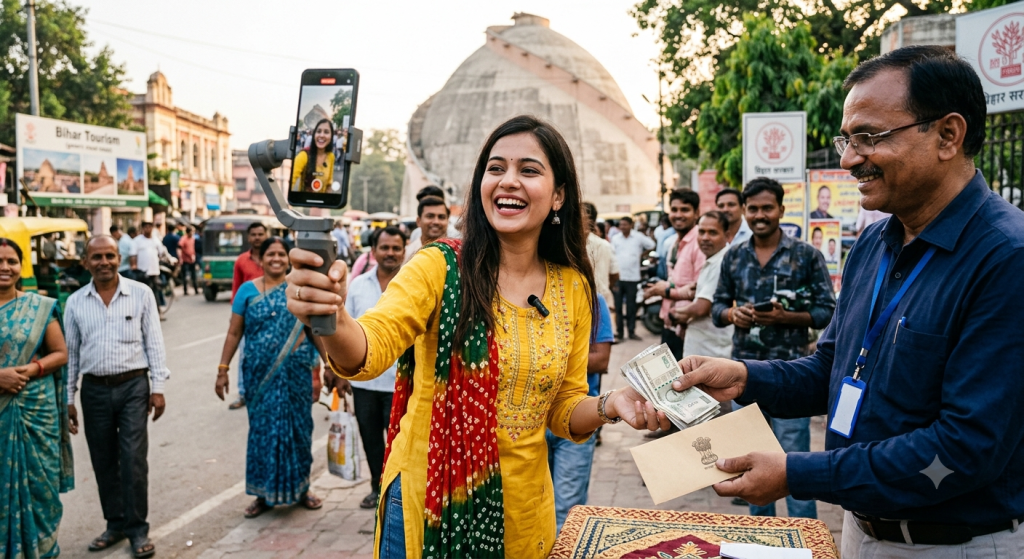 Social media influencer creating digital content on a smartphone representing Bihar’s new incentive policy for creators