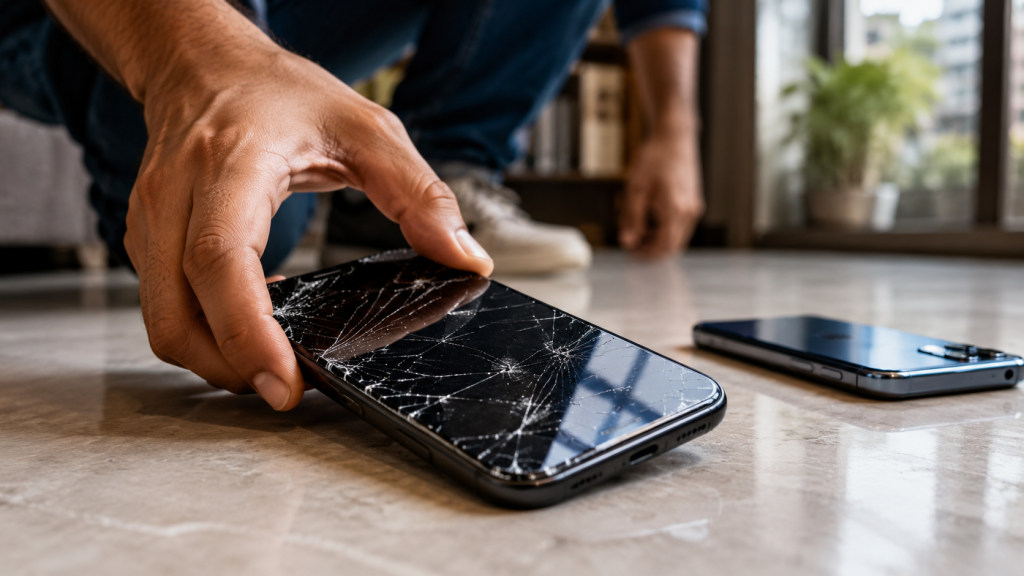Cracked smartphone screen prompting a phone replacement