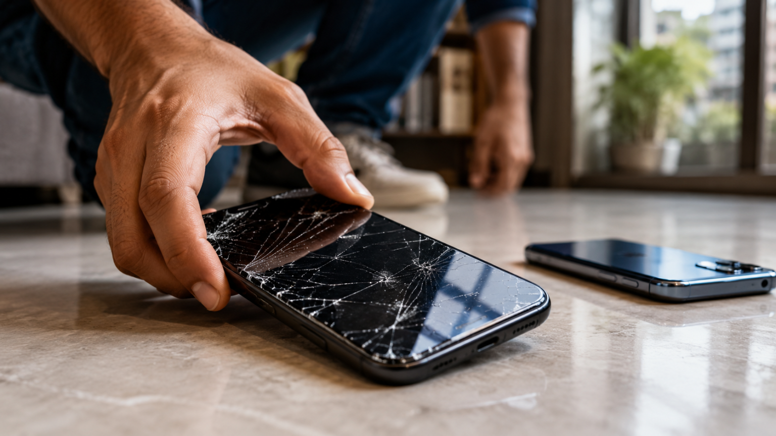 Cracked smartphone screen prompting a phone replacement