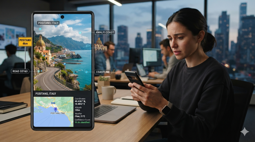 AI analysing a travel photo to identify its location