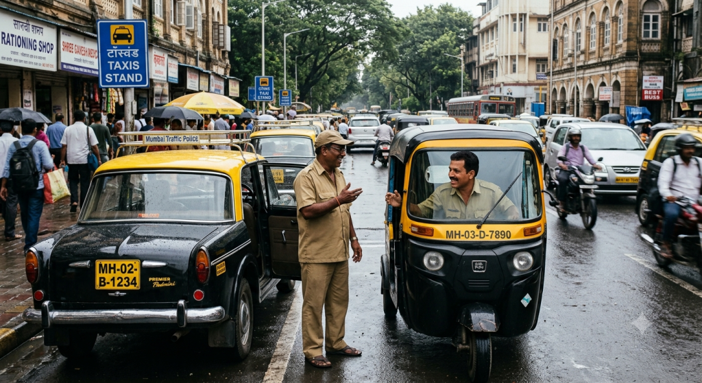 Cab drivers protesting against Maharashtra government's Marathi language rule for taxi and auto-rickshaw permits.