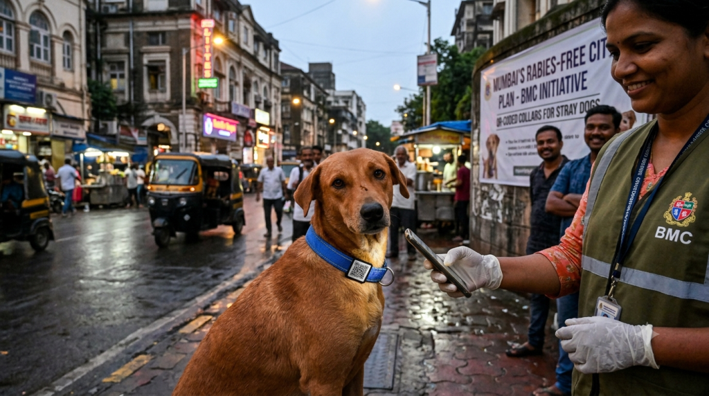 Mumbai stray dogs to get QR-coded collars under BMC’s rabies-free city plan A stray dog wearing a QR-coded reflective collar as part of BMC’s digital tracking initiative for vaccinated and sterilised dogs in Mumbai.