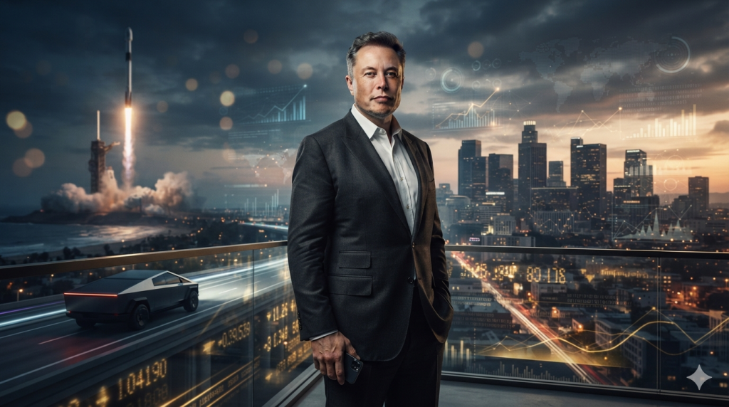 Elon Musk portrayed against SpaceX, Tesla and global wealth imagery