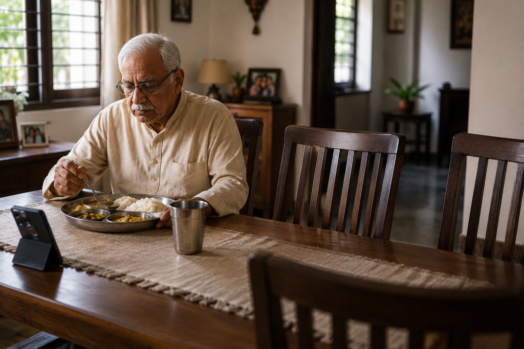 Elderly parent eating alone at home