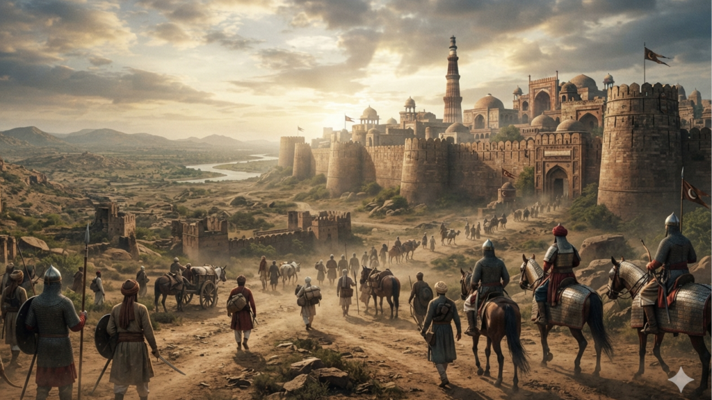 History of India — Part 2: From Sultanates to Independent India Medieval Indian landscape depicting the rise of Islamic kingdoms and Sultanates