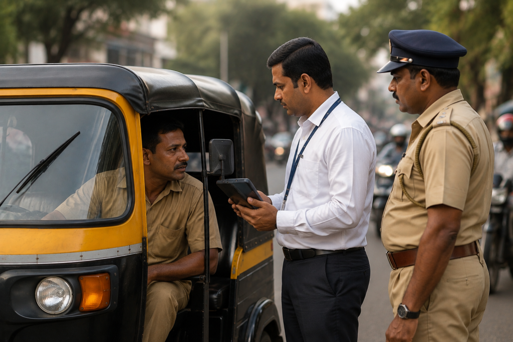 RTO official verifies a taxi driver's Marathi language skills while a traffic police officer observes during a roadside permit inspection.