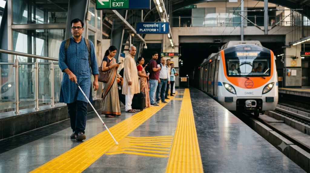 Modern Indian metro station platform with yellow tactile paving and a visually impaired commuter using a white cane