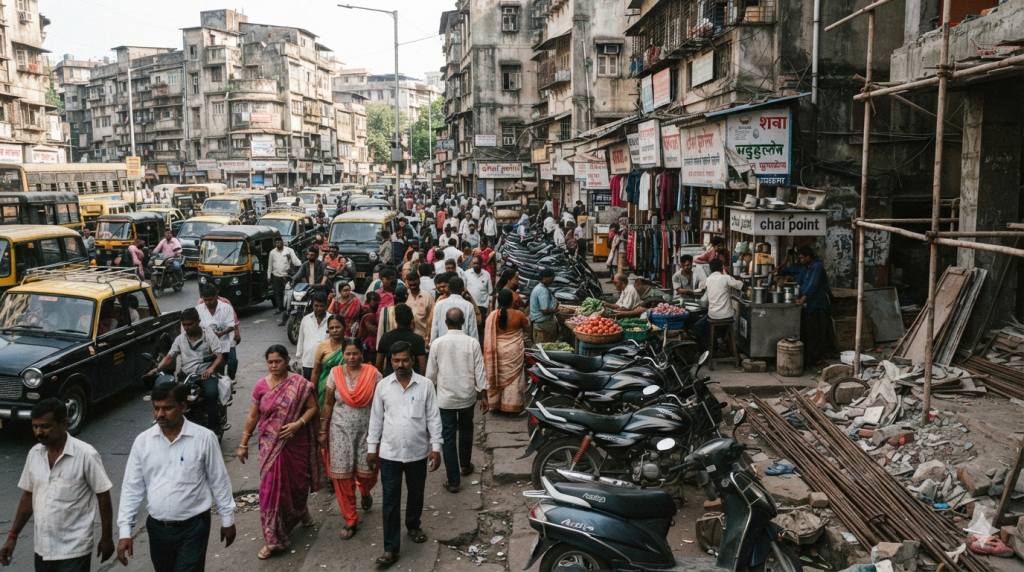Pedestrians struggling to walk on an overcrowded footpath in Mumbai