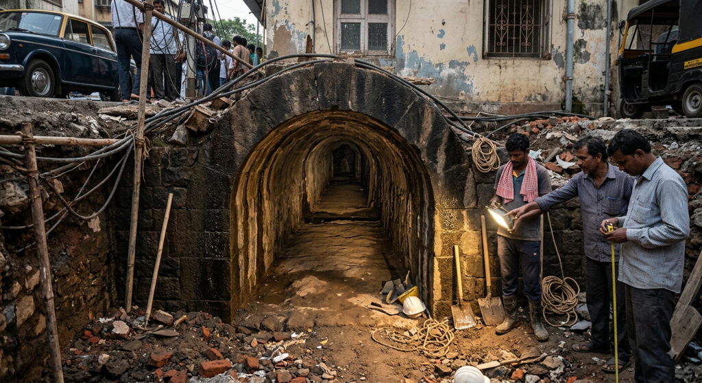 A mysterious underground tunnel beneath Mumbai showing old stone walls and historical architecture