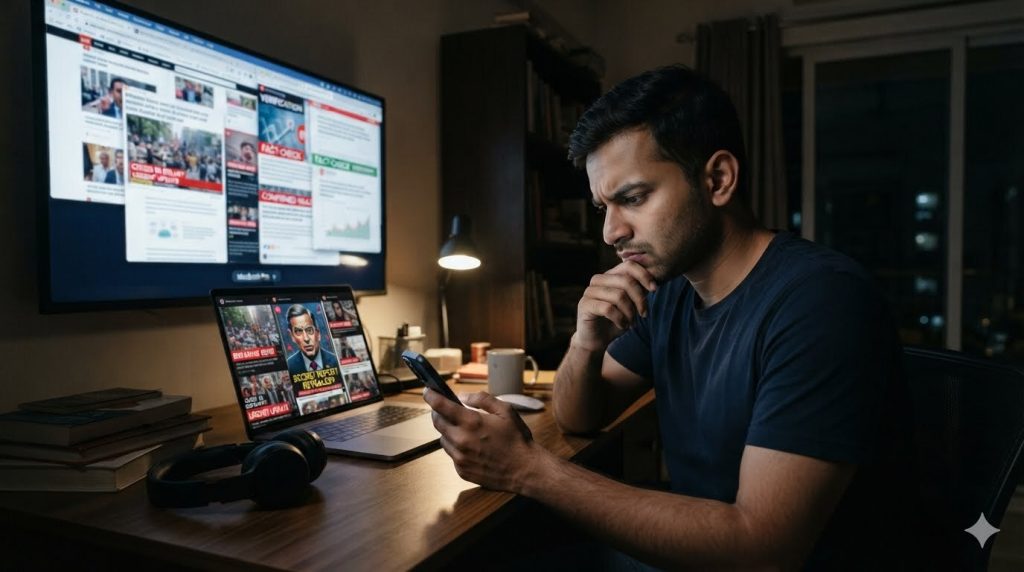 In the Age of Social Media and AI, How Can We Tell What Is True? Person checking conflicting news and misinformation on social media