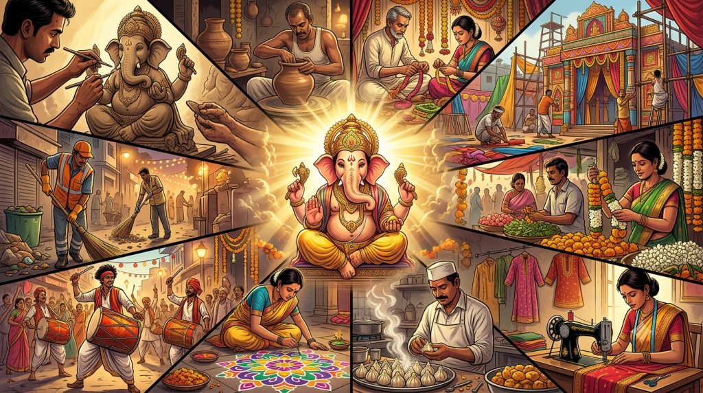Lord Ganesha surrounded by 10 professionals working behind the scenes of Ganesh Chaturthi celebrations