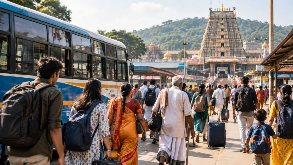 Indian pilgrims travelling with luggage toward a temple using public transport