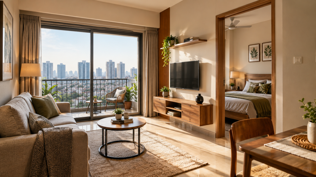 Modern compact 1 BHK apartment interior in an Indian urban housing development