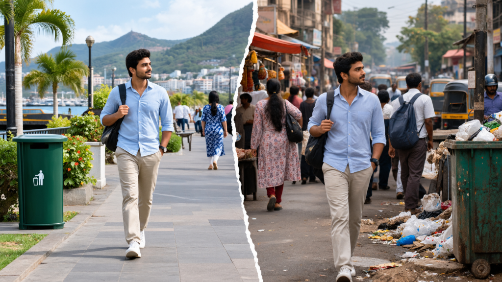Split-screen showing a clean street in Mauritius and a littered urban street in India, with the same person walking in both settings.