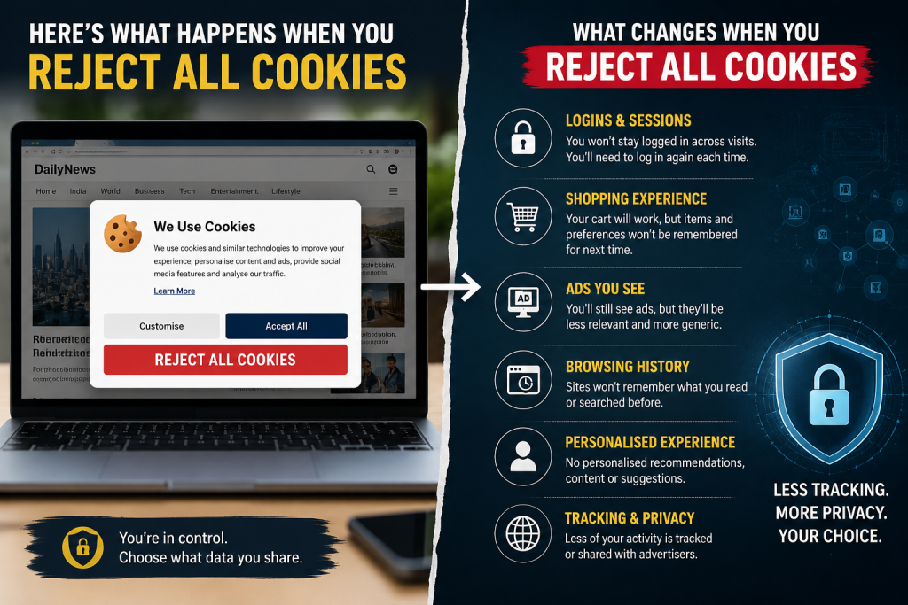 Cookie consent popup showing Accept All and Reject All options on a website