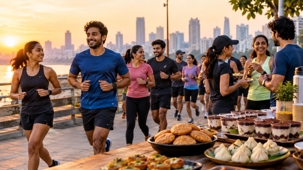 Indian run club members jogging together and enjoying food at a post-run social gathering
