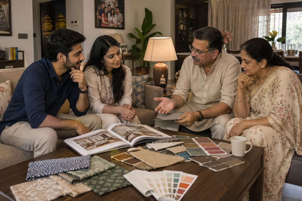 Indian family discussing home interior and décor choices in their living room