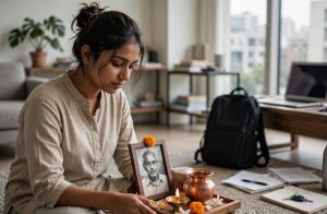 Young Indian woman observing Pitru Paksha rituals in a modern apartment