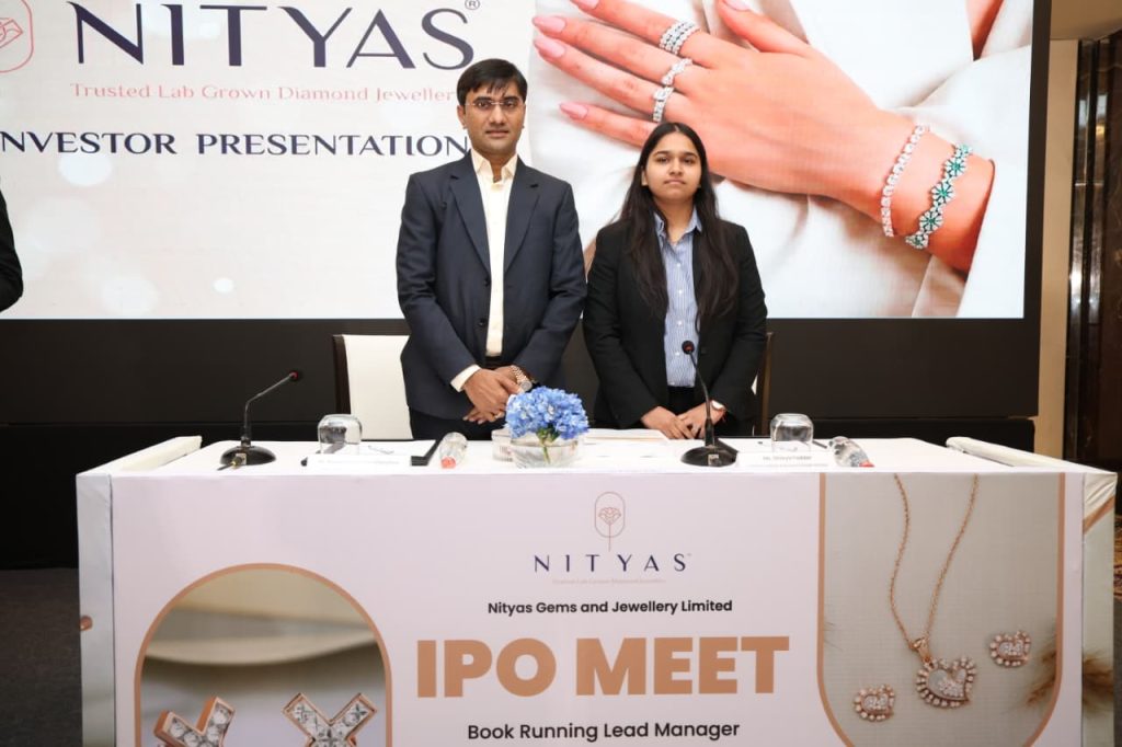 Lab-grown diamond jewellery displayed alongside a stock market concept representing the Nityas Gems IPO