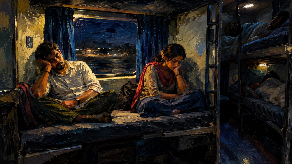 Two RAC passengers sitting on a side lower berth inside an Indian Railways sleeper coach during a night journey.