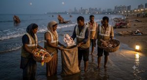 BMC workers collecting Ganesh idol remains and festival waste after Visarjan in Mumbai