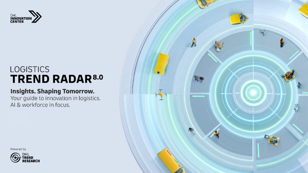 AI takes action while people remain at the center of logistics, finds DHL Logistics Trend Radar Employees work alongside AI-powered robots and digital logistics systems inside a modern warehouse, illustrating how artificial intelligence and human expertise are shaping the future of supply chain operations.