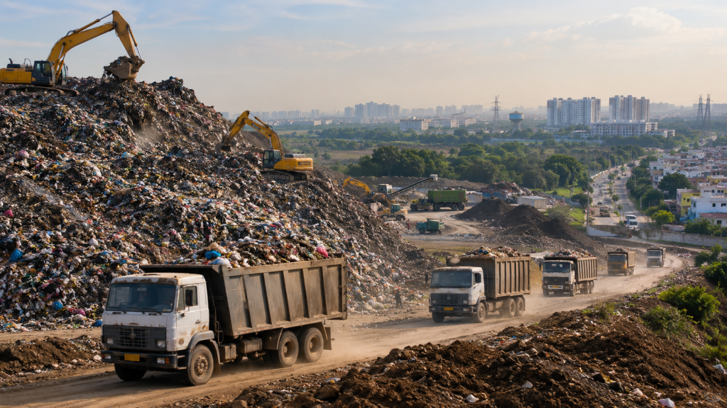 Bhalswa landfill being cleared as excavators process waste and trucks transport it awa