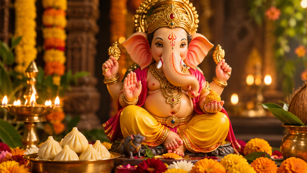 Traditional Lord Ganesha idol showing symbolic features including elephant head, trunk, broken tusk and modak