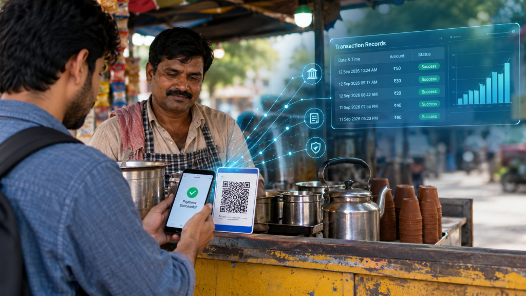 The Small Vendor’s New Problem: When ‘Digital Empowerment’ Means Someone’s Always Watching Indian street vendor accepting a QR code digital payment