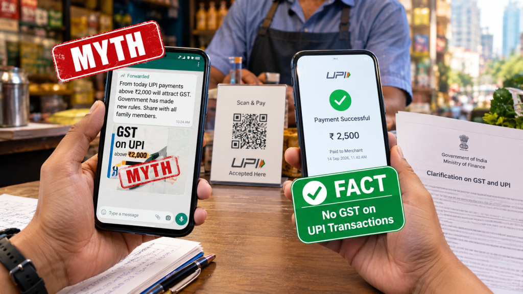 Fact-check image showing a viral GST on UPI rumour and clarification that UPI payments are not taxed.