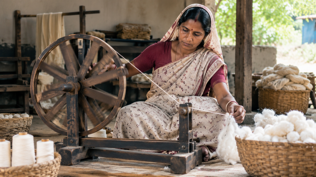 A rural Indian woman spinning cotton yarn on a traditional charkha in a Khadi workshop