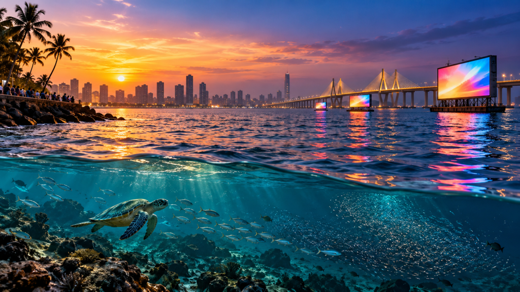 Conceptual illustration of floating digital billboards along Mumbai's coastline, highlighting concerns about artificial light and marine life.