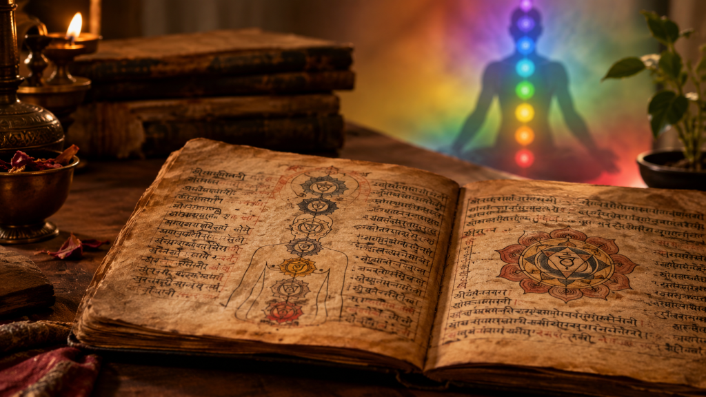 Seven chakra symbols arranged vertically along a human silhouette in rainbow colours