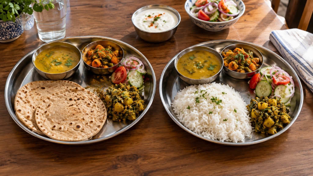 The Roti Myth: Is It Truly Healthier? Whole wheat roti and steamed white rice served with dal and vegetables on an Indian dining table.