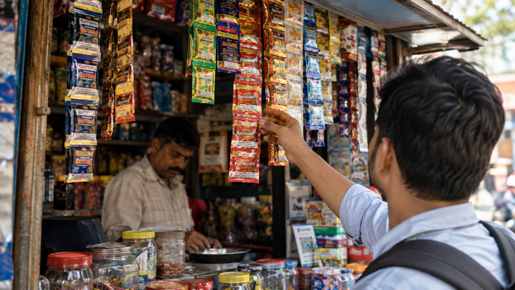 Gutkha and smokeless tobacco sachets displayed at an Indian paan shop