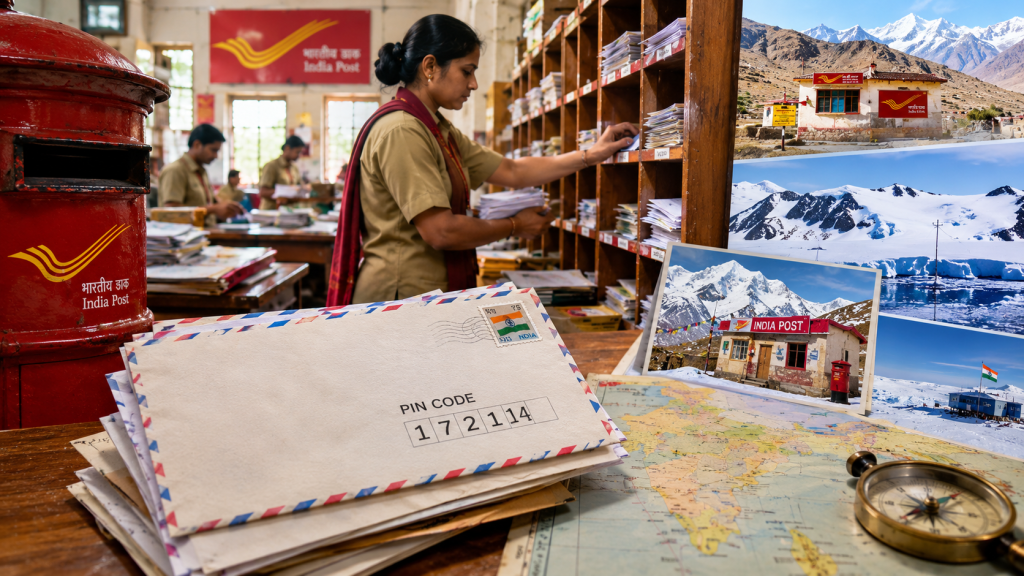Indian postal worker sorting letters in a post office with six-digit PIN codes