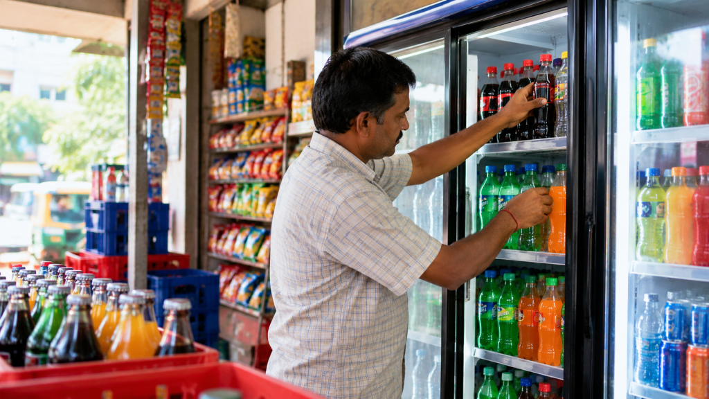 Bottled soft drinks arranged in a neighbourhood shop, illustrating the retail network behind India's beverage industry.