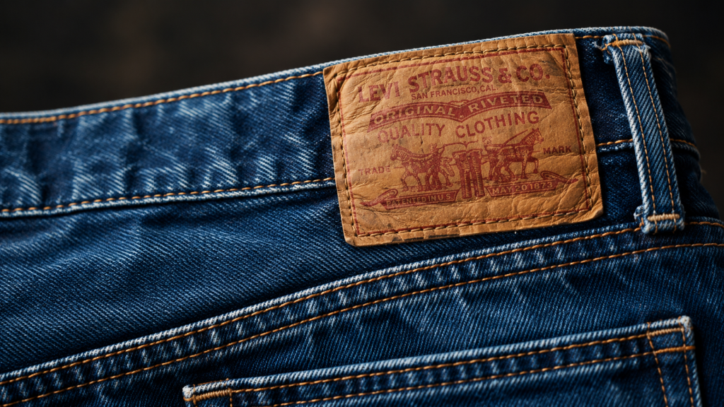 The Real Reason Your Jeans Have a Patch Close-up of a leather-like patch stitched onto the back waistband of blue denim jeans.