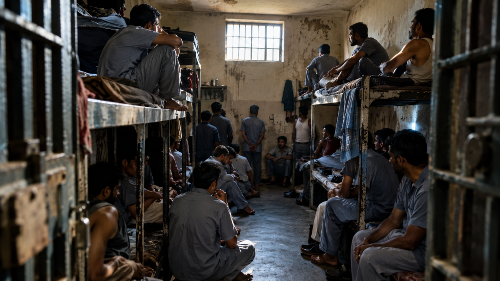 Overcrowded prison cell with inmates standing and sitting in a confined space.