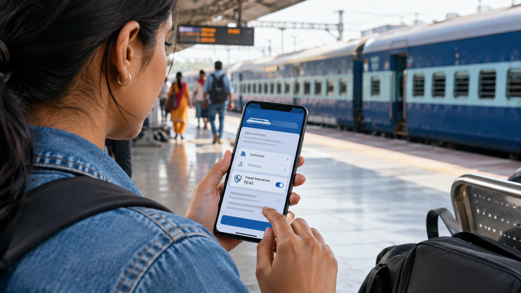 Passenger booking a train ticket with travel insurance option on IRCTC