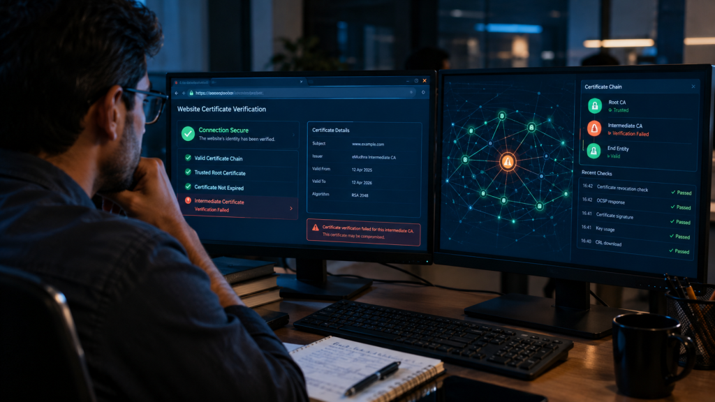 Cybersecurity engineer examining a website certificate verification failure on computer monitors.