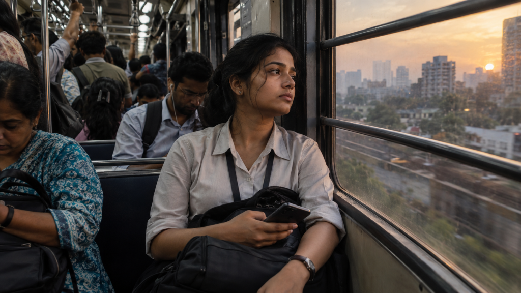 A young South Asian woman sitting thoughtful by the window inside a crowded train during sunset.